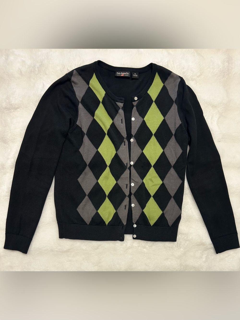 Polo Jeans Vintage Ralph Lauren Black Cardigan with Green and Gray Argyle